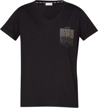Liu Jo Rhinestone V-hals T-shirt - Dames - T-shirts - Zwart - XS - Katoen - Tops