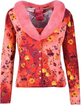 Blumarine Elegant Twinset met Bontzool - Dames - Vesten - Rood - S - Polyester - Truien & Vesten