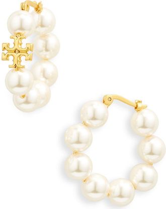 Tory Burch Kira Imitation Pearl Hoop Earrings in Rolled Brass /Ivory at Nordstrom
