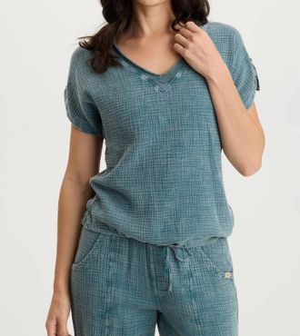 Xcvi Bower Gauze V-Neck Top In Deep Teal Acid Wash