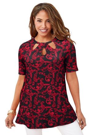 Jessica London Stretch Knit Cutout Swing Tunic in Vivid Red Paisley Scroll at Nordstrom, Size 12