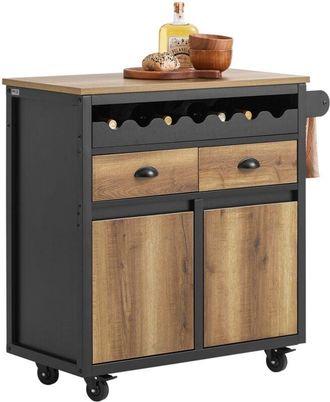 SoBuy Carrito Auxiliar de Cocina con 2 Cajones y 2 Puertas Carro Multiusos de Servicio Comedor con 4 Ruedas 1 Toallero y 1 Soporte para Botella Industrial