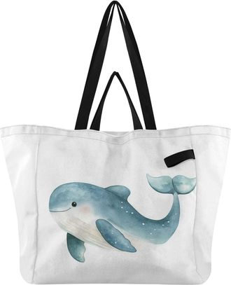 Generic Blue Whale White print Reusable Canvas Tote Bag, Heavy Duty Grocery Shopping Bag with Large Capacity Double Handles Hard Bottom Work Groceries Travel