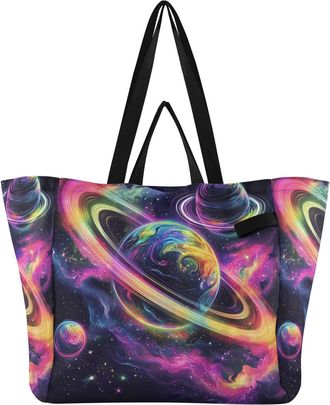Generic Planet Space Colorful pattern Reusable Canvas Tote Bag, Heavy Duty Grocery Shopping Bag with Hard Bottom Double Handles Large Capacity Work Groceries 