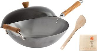 Joyce Chen Uncoated Carbon Steel Flat Bottom Wok Set with Lid and Birch Handles, 4 Pieces in Metallic Silver at Nordstrom, Size Large