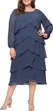 S.L. Fashions Bead Detail Long Sleeve Chiffon Cocktail Dress in Slate at Nordstrom, Size 22W