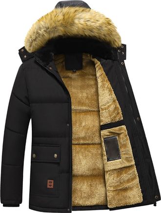 Generic VYLYNL Mens Winter Jackets Thermal Parka Fleece Lined Coats Windproof Thick Fleece Lining Cotton Padded Coat with Faux Hood Hiking Ski Parka Down Coat