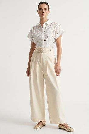 Exquise Mckenna Belted High Waisted Pleated Pants in Ecru at Nordstrom, Size X-Large
