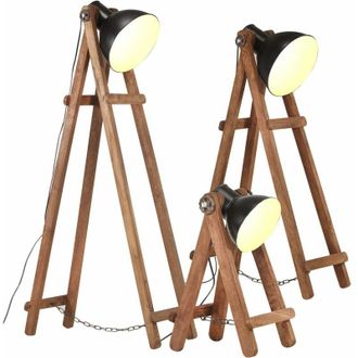 vidaXL Lámpara de pie 3 pzas madera maciza de mango negro E27 Vidaxl
