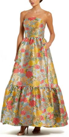 Mac Duggal Womens Strapless Brocade Floral Gown With Ruffle Hem in Turquoise Multi at Nordstrom, Size 12
