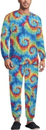 Generic Tie Dye Soft Mens Pyjamas Set Loungewear Long Sleeve Round Neck Tops And Pants