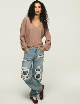 Lucky Brand Womens Cloud Lettuce Hem V Neck Top
