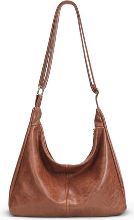 Generic Hobo Bags for Women, Leather Shoulder Bag Slouchy Work Tote Bag with Zipper Handbag Purse for Travel (Light Brown)