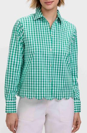 Foxcroft Scarlett Gingham Scallop Hem Button-Up Shirt in Green/White at Nordstrom, Size X-Large