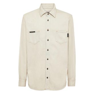 Philipp Plein Denim Shirt LS - Heren - Spijkeroverhemden - Beige - 3XL - Denim - Overhemden
