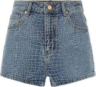 Self Portrait Rhinestone Croc Effect Denim Shorts - Dames - Denim shorts - Blauw - W28 - Denim - Korte Broeken