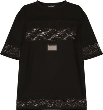 Dolce & Gabbana lace-embellished short-sleeve T-shirt - women - Cotton/Nylon/Rayon - 38 - Black