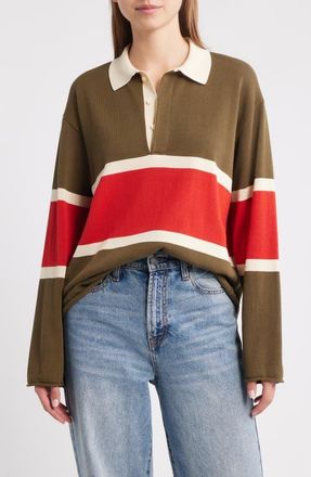 The Great. The Rugby Stripe Sweater in Army W/Hot Red Stripe at Nordstrom, Size 2