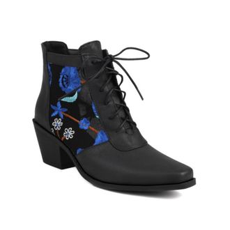 Generic Womens Ankle Boots Floral Embroidery Sheer Mesh Panel Lace Up Square Toe Chunky Block Heel Lightweight Sole Fashion Boots Multiple Color Options,Blue,