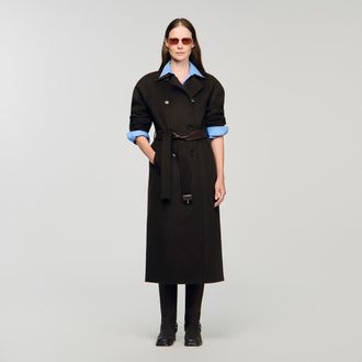 Sandro Long wool and leather coat