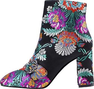 Generic Ethnic Embroidered Women Ankle Boots Fashionable Short Shoes With Thick Medium And High Heels (Black, 4.5)