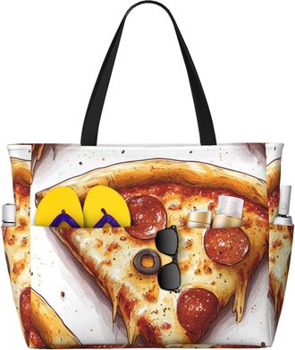 Generic Cute Pizza Print Large Beach Bag Foldable Travel Shoulder Tote Bag With Pocket For Weekender Pool Vacation
