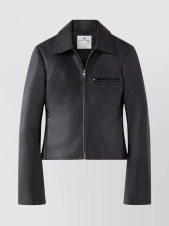 Courr&egrave;ges leather logo appliqu&eacute; zip-up jacket