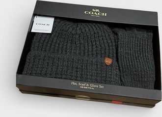 Coach Mens Coach Waffle Beanie Hat, Scarf & Glove Set Charcoal - Size: O/S