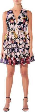 endless rose Tiered Embroidered Velvet Fit & Flare Minidress in Black Multi at Nordstrom Rack, Size Large