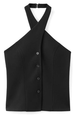 Mango Halter Button-Up Crop Top in Black at Nordstrom, Size Large
