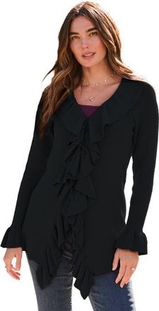 Roaman's Plus Size V Neck Ruffle Trim Tie Front Cardigan in Black at Nordstrom, Size Medium