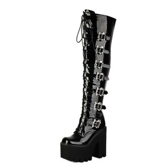 Generic Qynthra Womens Gothic Platform Knee High Boots Black Patent Leather Chunky Block Heel Multi Buckle Combat Style Lace Up Platform Sole Alternative Fash