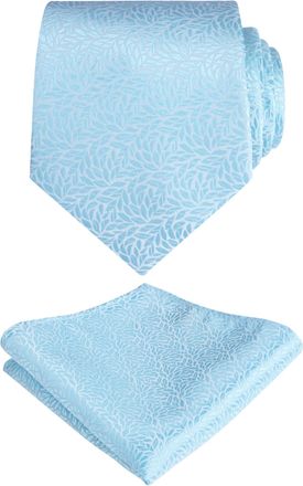 Alizeal Mens Floral Pattern Wedding Party Tie with Pocket Square 8cm Self-tied Necktie Set, Light Blue