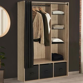 IDMarket 105 X 50 X 172 Cm Diane Armario Con Estantes + Cajas De Almacenaje + Cortina Negra Y Madera