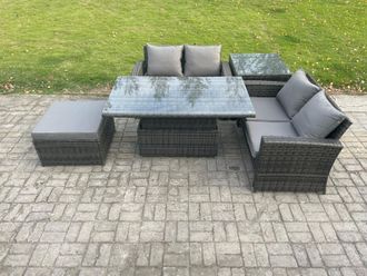 Fimous 5 Pieces Garden Furniture Sets Poly Rattan Outdoor Patio Height Adjustable Rising Lifting Table Sofa Dining Set with Side Table in Dark Grey