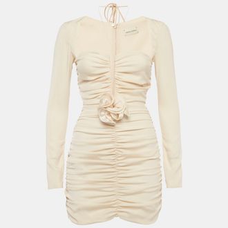 Magda Butrym Beige Silk Floral Applique Ruche Mini Dress