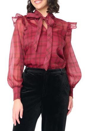 Gibsonlook Festive Plaid Ruffle Organza Shirt in Mulberry Wine Plaid at Nordstrom, Size Xx-Small