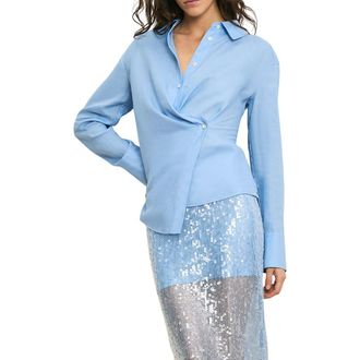 Veronica Beard Perezzi Asymmetric Linen Button-Up Shirt in Blue Jay at Nordstrom, Size 12