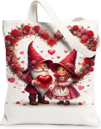 Generic ValentineS Day Floral Canvas Tote Bags, Romantic Heart Pattern Reusable Grocery Bags, Lightweight Washable Shoulder Strap, White, 13x15 Inch