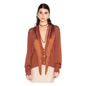Akep Cardigans, female, Orange, Size: S Deep V-neck Cardigan with Fringes