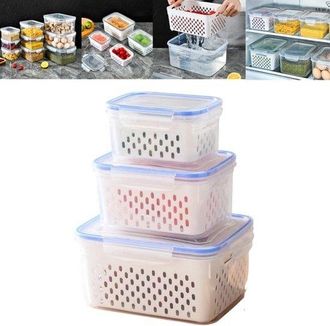 OEM Recipiente De Almacenamiento De Alimentos 4 En 1 Para El Refrigerador, Incluye Cesta De Drenaje Y Colador, Juego De 3 Piezas, Azul