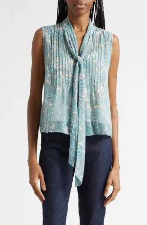 Cinq &agrave; Sept Hendrix Lois Paisley Pleated Tie Neck Top in Gardenia/blue Graphite at Nordstrom, Size Xx-Small