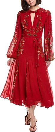 Farm Rio Farm Rio Berry Garden Red Long Sleeve Pleated Maxi Dress