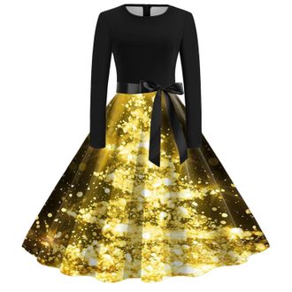 Generic Womens Christmas Dress Multi Colored Vintage Printed Holiday Long Sleeve Cocktail Dress Winter Dresses for Women 2025 Party Dresses with Novelty Chris