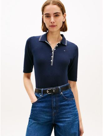 Tommy Hilfiger Womens Slim Fit Half-Sleeve Tipped Polo - Navy - XL
