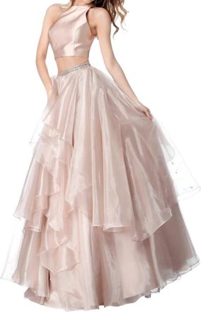 Sherri Hill Two-Piece Satin Top Chiffon Skirt Prom Dress In Nude