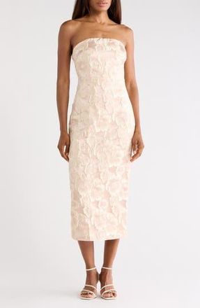 Lulus Isla Floral Jacquard Strapless Midi Dress in Champagne at Nordstrom Rack, Size X-Large