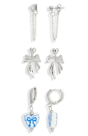 BP. Pretty Bow Set of 3 Earrings in Ivory- Rhodium- Silver at Nordstrom