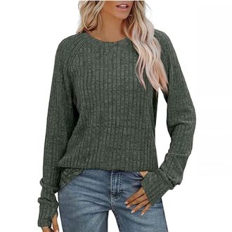 Generic Womens Long Sleeve Knitted Jumper Loose Casual Pullover with Ribbed Details Thumb Holes Solid Tunic Style Tops for UK Ladies Winter Jumpers for Women 