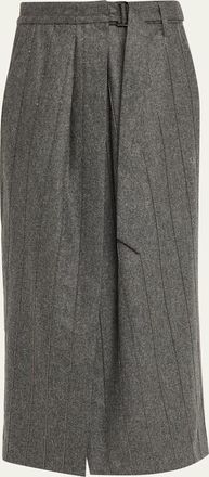 Brunello Cucinelli Monili Pinstripe Wool Flannel Wrap Midi Skirt